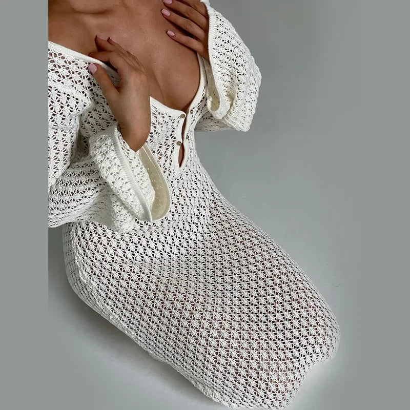 TARUXY Crochet Beach Maxi Dress Women's Sexy Knitted Hollow Bikini Swimsuit Cover-Up Sun Protection Dress See Through Slim Lady