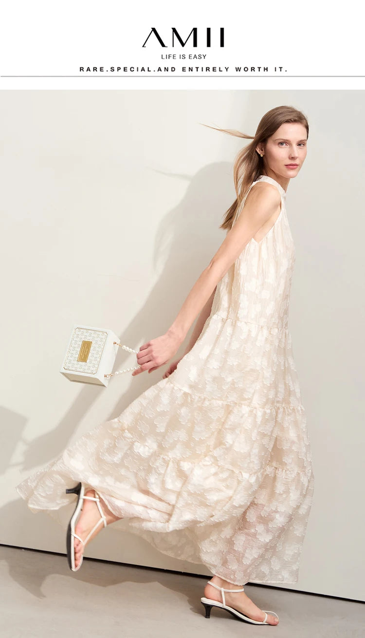 Amii Minimalism 2024 Summer New Loose Long Dress Sleeveless Large A-line Chiffon Jacquard Elegant Dresses for Women 12452064