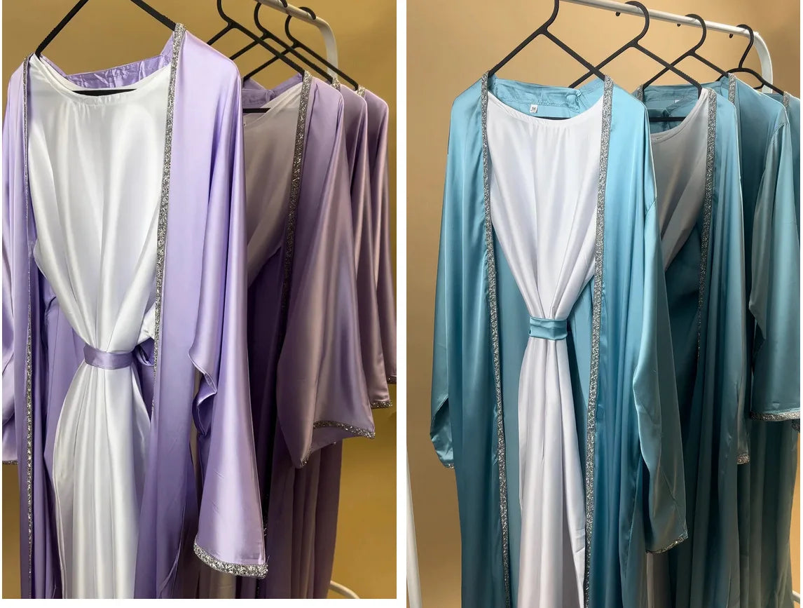 2024 Muslim Dress Diamond Women's Long Dress Fashion Long Sleeve Lace-up Long Abayas Casual Solid Color Clothes for Muslim Women