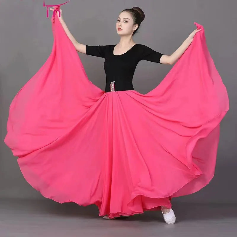 720 Degree Wide Dancing Skirt Chiffon Double Layer Semi-Long Dress Women's Solid Color Xinjiang Dance Skirt