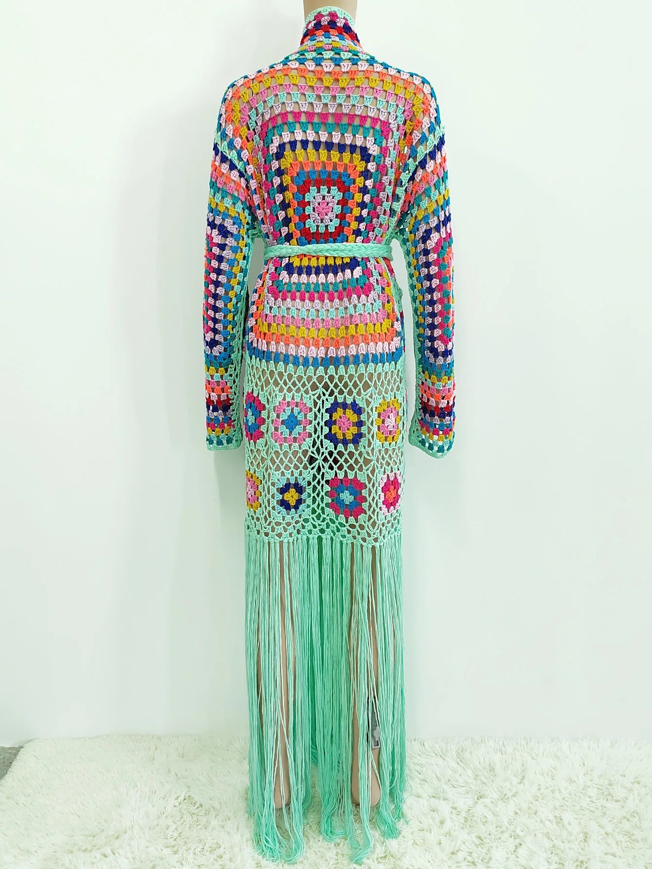 Crochet Knitted Women Cardigan Cover Ups Tassel Plaid Long Coat Bohemian 2023 Summer Beach Bikini Covers Sexy Hook Vestidos