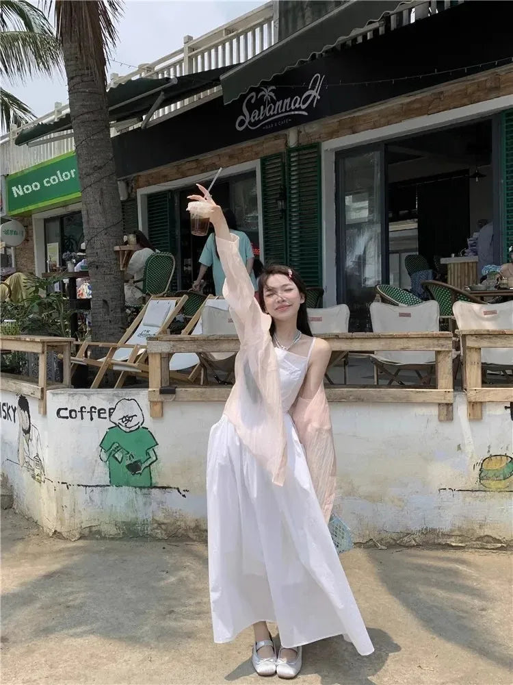 French Style Sexy Open-Back Blue Tank Dress Women's Summer Vacation Beach A- Line Long Dress Beach Vacation Dress