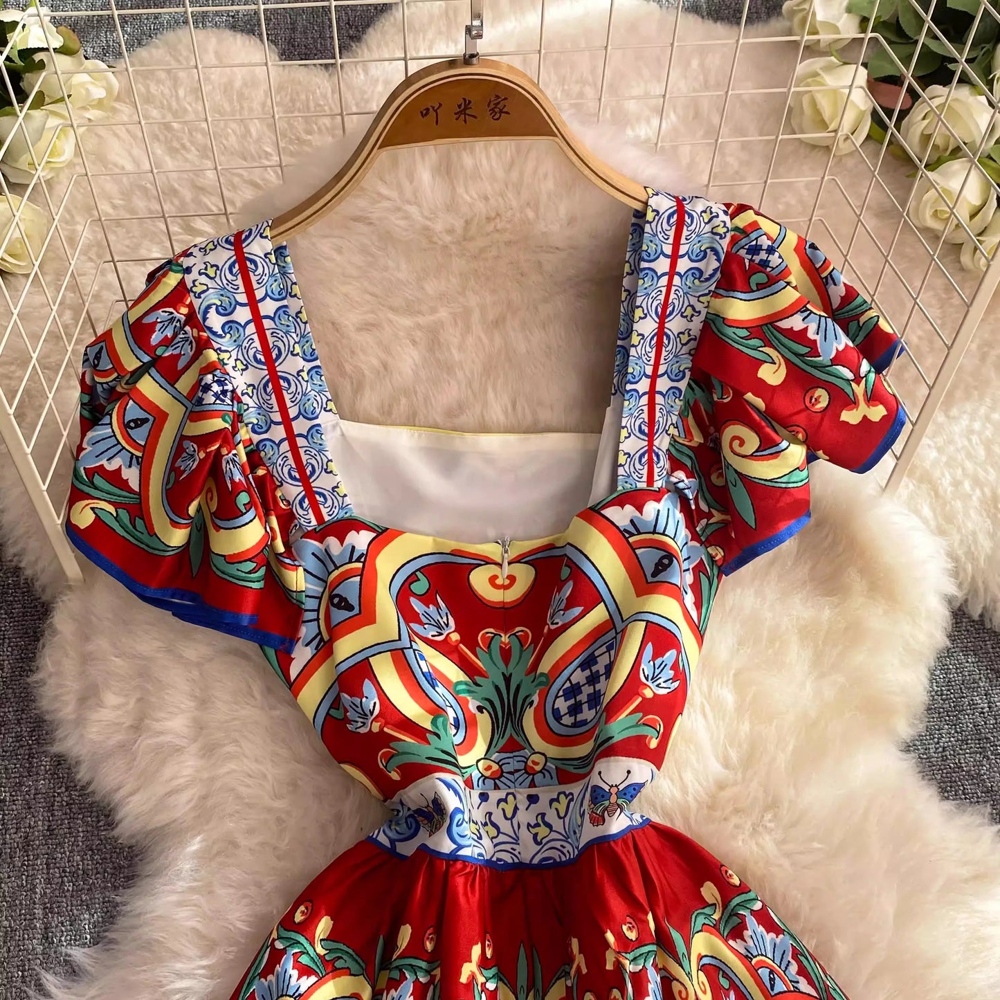 2024 New Summer Women Sexy Slash Neck Short Sleeve Slim Long Dress Fashion Vintage Print Ruffles Floral Maxi Pleated Vestidos