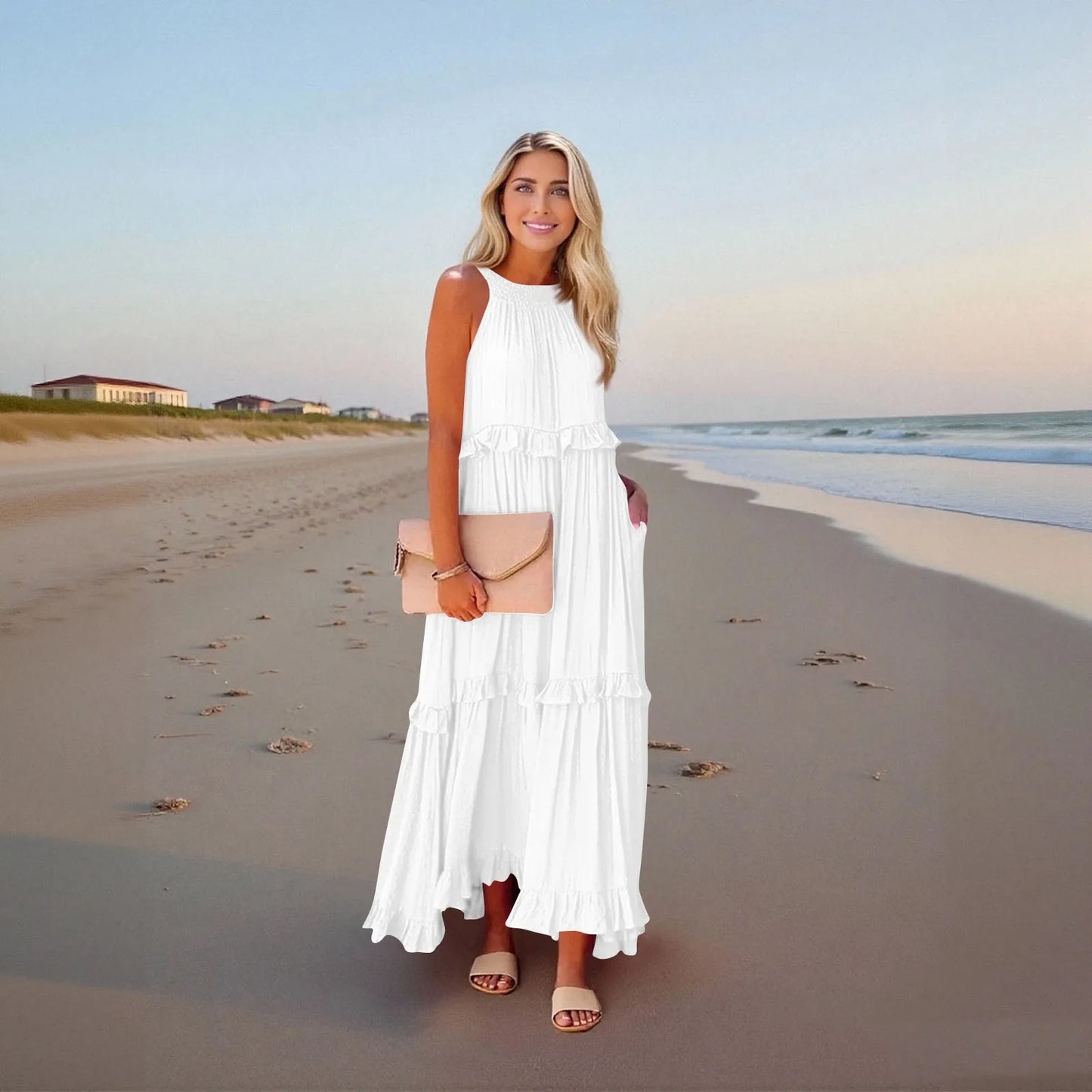 Women's Ruffled hem layered long dresses Summer Sleeveless backless dress Fashion Long Dress Big Swing Beach Dress vestidos