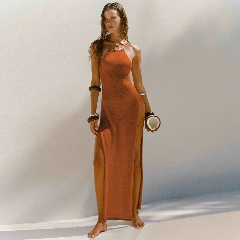 Sexy Knit Lace-up Split Long Dress Women Solid Halter Cover Up See Through Bodycon Dresses 2024 Summer Lady Chic Beach Robes