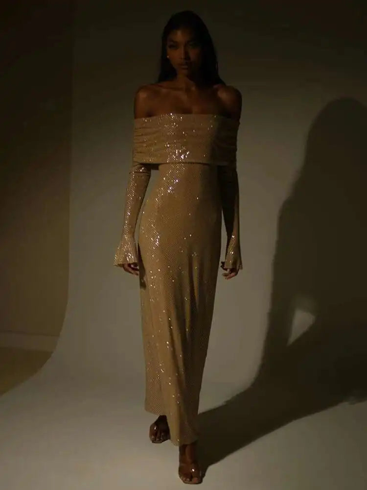 Townlike Elegant Off Shoulder Maxi Long Dress Women 2023 Autumn Winter Dress Sparkle Glittar Nightclub Sexy Party Dresses