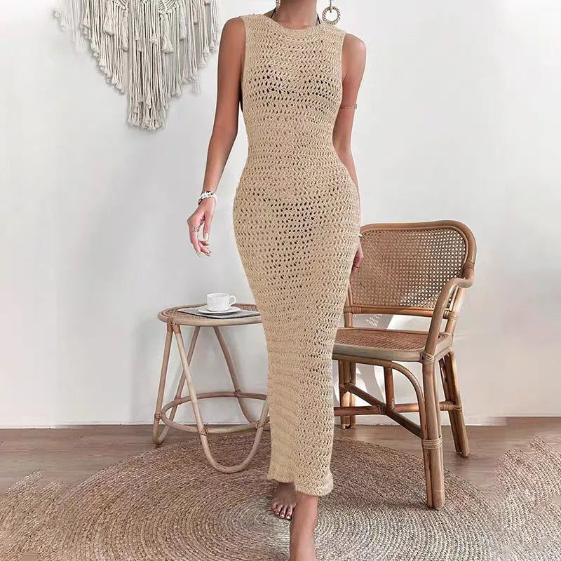Women's Beach Style O-Neck Knit Hollow out Long Dress 2025 Summer Female Casual Sleeveless Dress Beach Bikini Cover-up Blouse