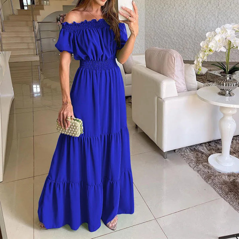 Women's Dress One-line Collar Spring And Summer Short-sleeved New Green Long Dress Fashion Casual Loose Beach Party Dresses Robe