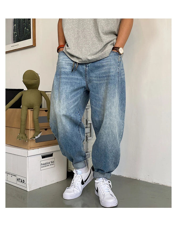 Spring Autumn Japanese Streetwear Retro Casual Denim Cargo Pants Men Clothing Loose Straight Harem Trousers Harajuku Jeans