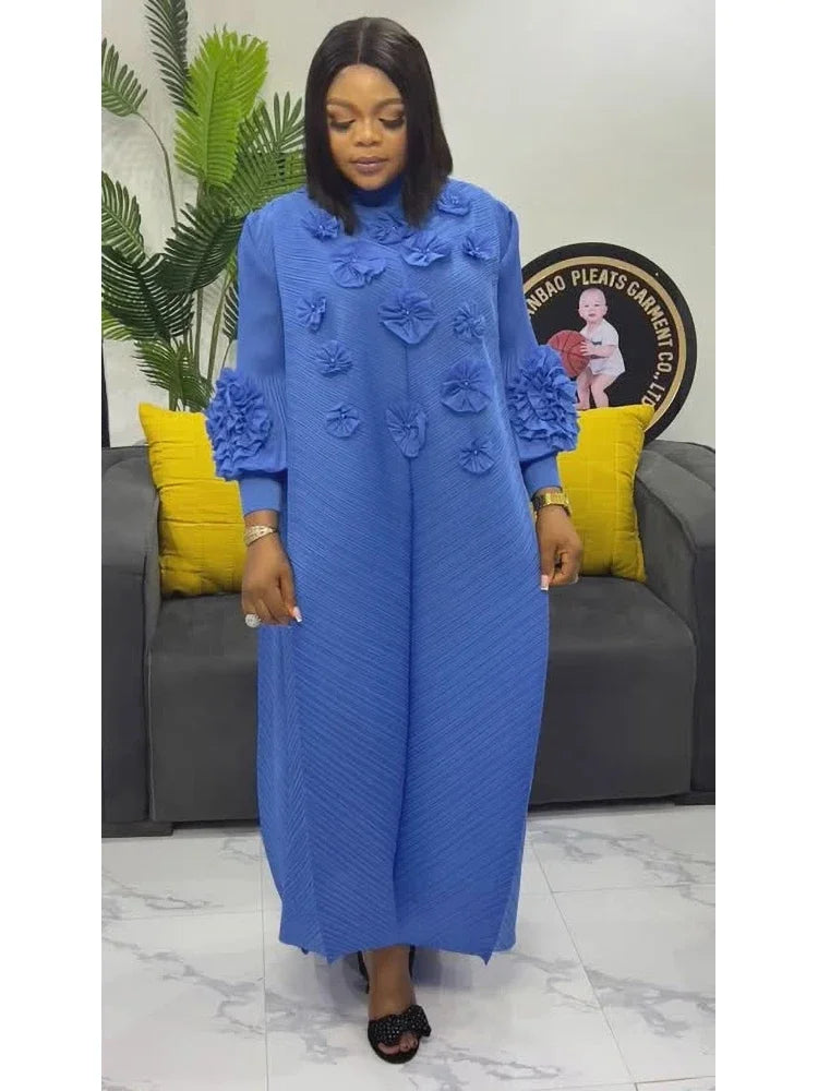 ANLAN Miyake Pleated Maxi Long Dress 3D Flower Splicing Lantern Sleeve Half Turtleneck Formal Dresses for Women 2025 New 5AN9928