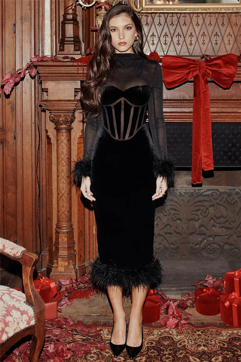 Mozision Elegant Feather Sexy Midi Dress For Women Black Fashion Sheer Long Sleeve Backless Bodycon Club Party Long Dress