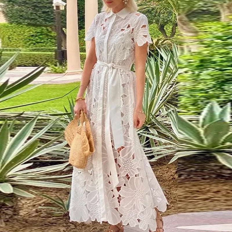 Casual Solid Color Holiday Dresses Summer Women's Lapel Tie Up Lace Dress Sexy Hollow Short Sleeved Single Breasted Long Dress