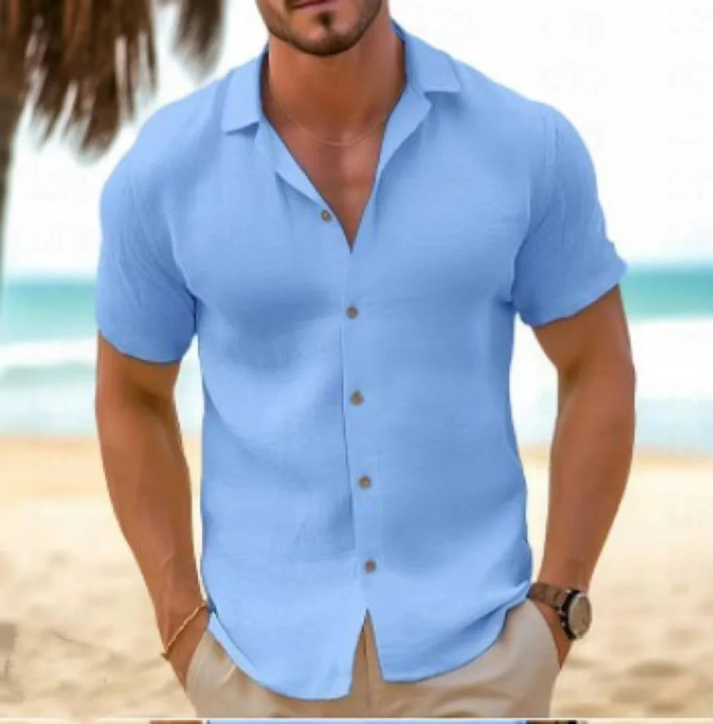 Summer Men's Shirt Short-sleeved Button-down Lapel White Top Casual Simple Black Blouses for Male