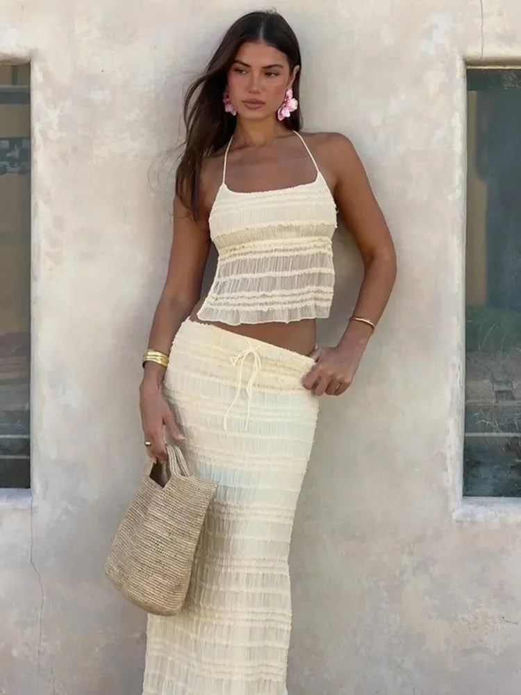 Chaxiaoa Chiffon Lace Sexy Skirt Two Piece Sets Women Halter Crop Tops and Maxi Skirt Ladies Fashion Woman Long Dress Set