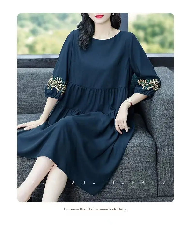 Oversized Women Vintage Long Dress Fashion Casual Spring Summer New 3/4 Sleeve Indie Folk Embroidery Big Size Pullover Midi Robe