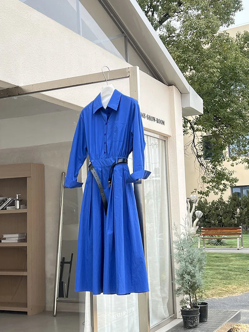 Polo‘s Collar Shirt Dress Women Spring Slimming Long Dress With A Cinched Waist Blue / Pink