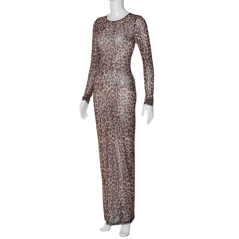 Hawthaw Women 2025 Summer Autumn Long Sleeve Leopard Mesh Party Club Streetwear Bodycon Long Dress Wholesale Items For Business