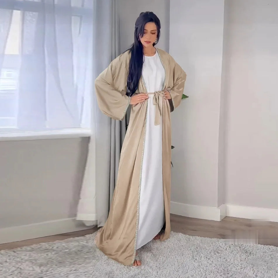2024 Muslim Dress Diamond Women's Long Dress Fashion Long Sleeve Lace-up Long Abayas Casual Solid Color Clothes for Muslim Women