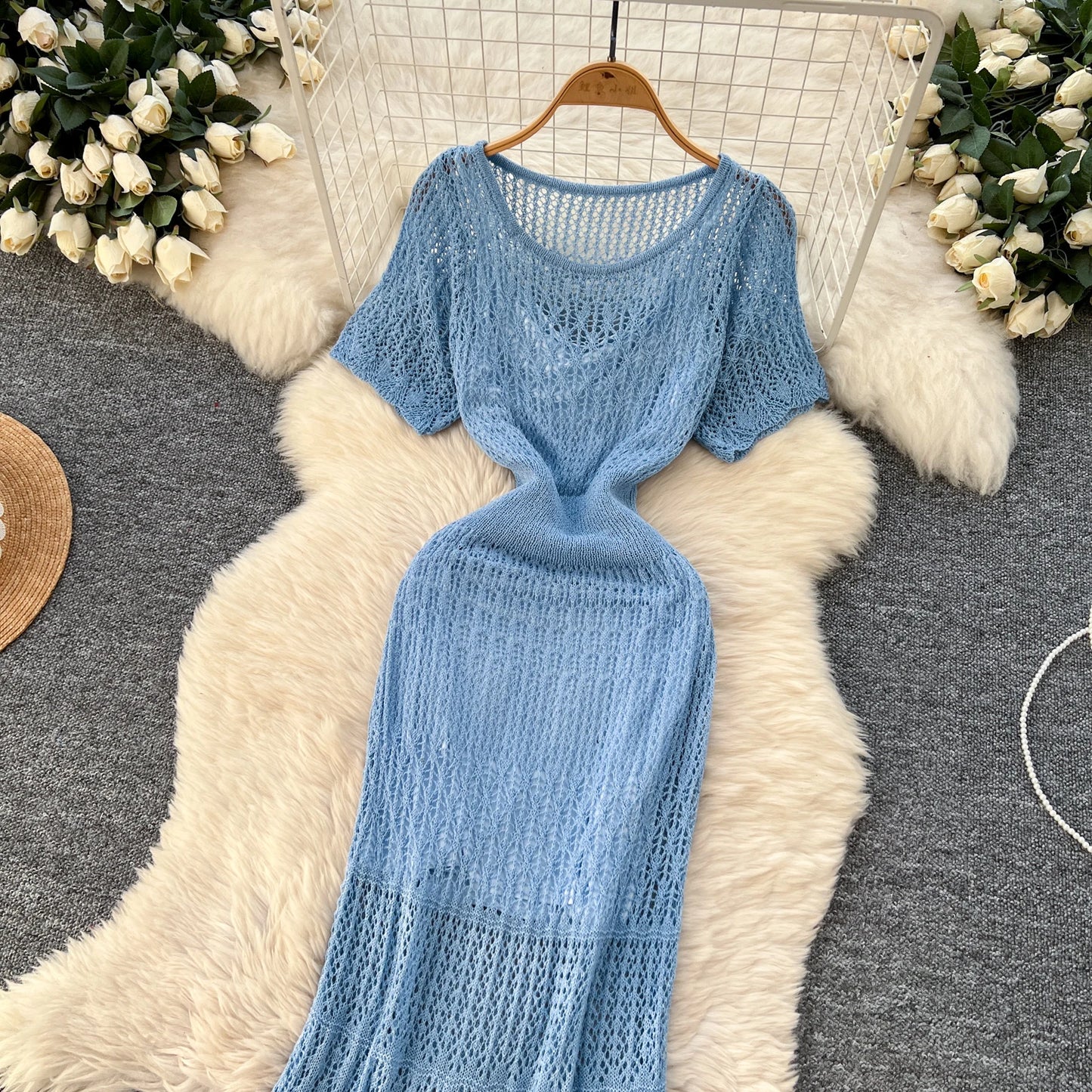 SINGREINY Vacation Style Casual Dress Suits Solid Strap Short Sundress+Knitting Hollow Out Long Dress Korean Women Beach Sets