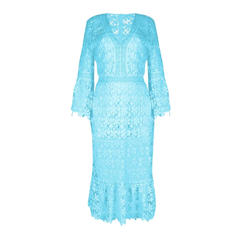 Sexy Autumn Lace Long Sleeve V-neck Big Show Long Dress Women Polyester Fabric High Waist Hollow Out Design Summer Style