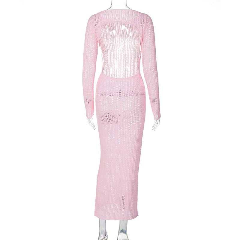 Hawthaw Women 2023 Autumn Winter Long Sleeve Streetwear Knitted Vacation Bodycon Pink Long Dress Wholesale Items For Business