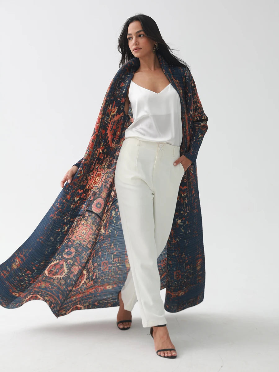 Miyake Pleated V-neck Batwing Sleeve Printed Dress Women Designer Abaya Fashion Summer Elegant Causal Loose Long Dress