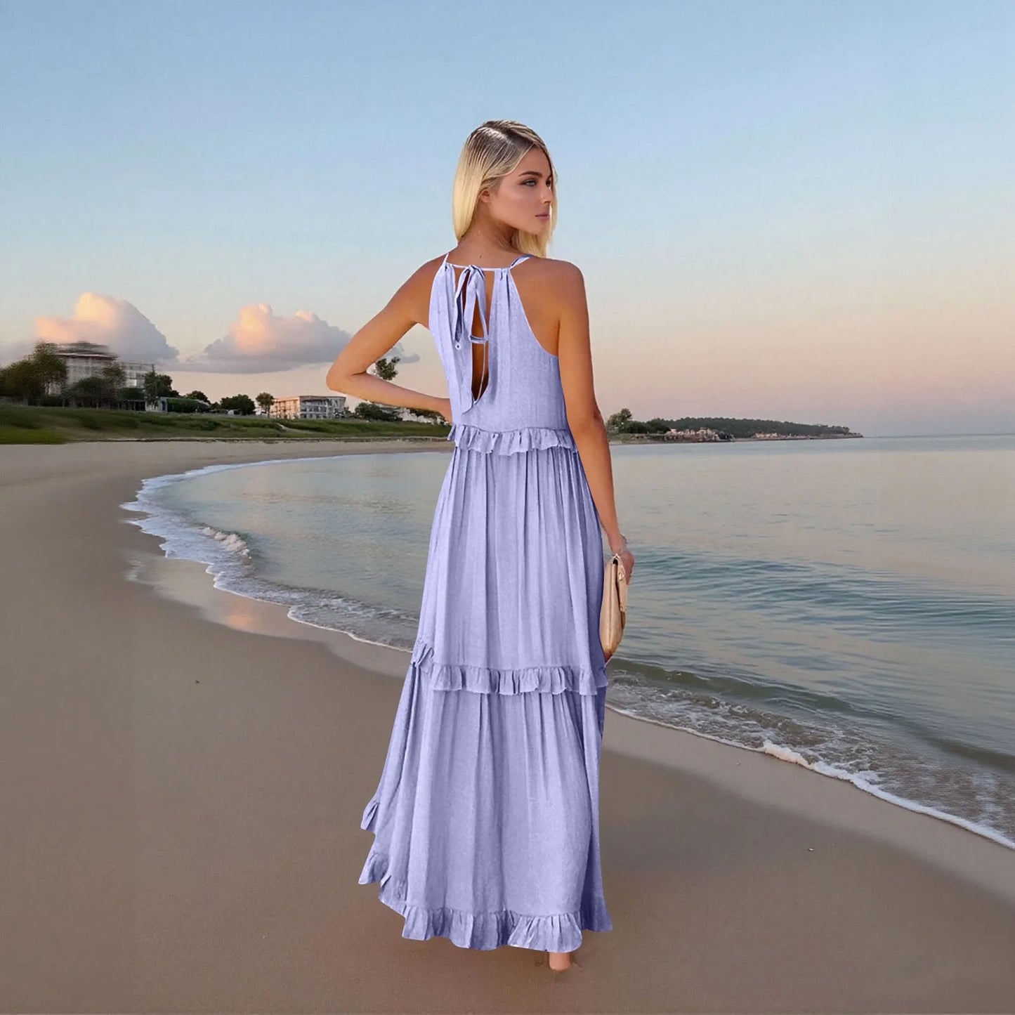 Women's Ruffled hem layered long dresses Summer Sleeveless backless dress Fashion Long Dress Big Swing Beach Dress vestidos