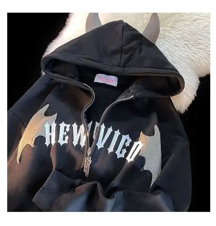Winter New Cotton Jacket Devil Wing Embroidery Bread Jackets Men's Women's Vintage Harajuku Casual Loose Hooded Cotton-padded