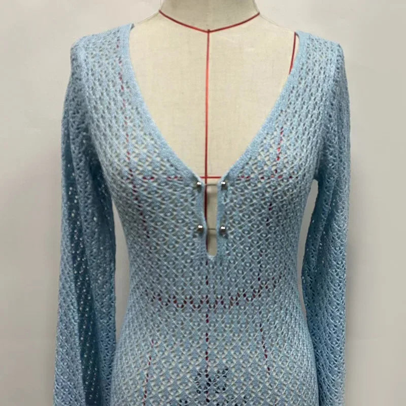 TARUXY Crochet Beach Maxi Dress Women's Sexy Knitted Hollow Bikini Swimsuit Cover-Up Sun Protection Dress See Through Slim Lady
