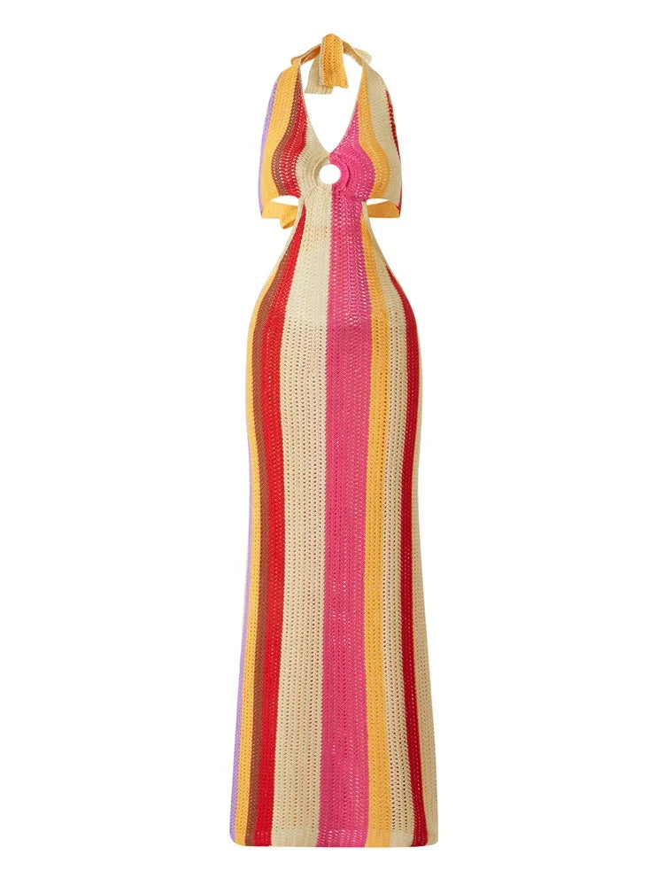 Y2K Cut Out Knitted Long Dress Women Contrast Sleeveless Halter V Neck Backless Dress Summer Bohemian Beach Sexy Dresses Female