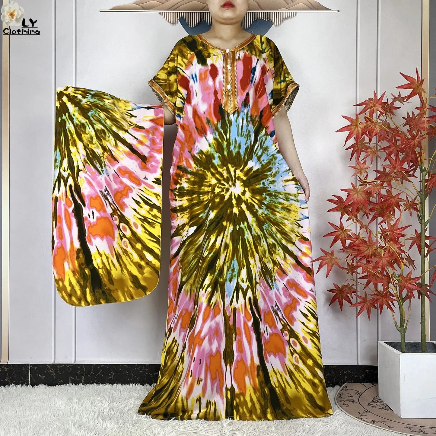 2024 New Style Short Sleeve African Dashiki Tie-dyed Cotton Abaya Caftan Lady Summer Maxi Islam Casual Dresses With Big Scarf