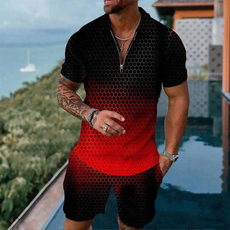 Solid Color Gradient Print Men's Sweatsuit Set Summer Casual Zipper Polo Shirt And Shorts 2pcs Sets Trend Man Pullover Clothing