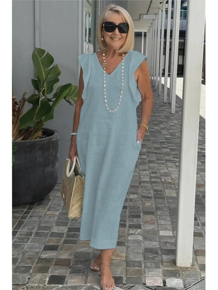 Summer Cotton And Linen Dress For Women Fashion Flying Sleeves Strappy Back Solid Color Loose Long Dress Elegant Robe Femme