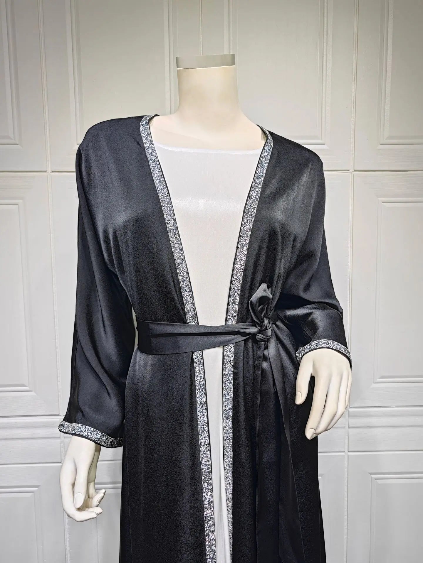 2024 Muslim Dress Diamond Women's Long Dress Fashion Long Sleeve Lace-up Long Abayas Casual Solid Color Clothes for Muslim Women