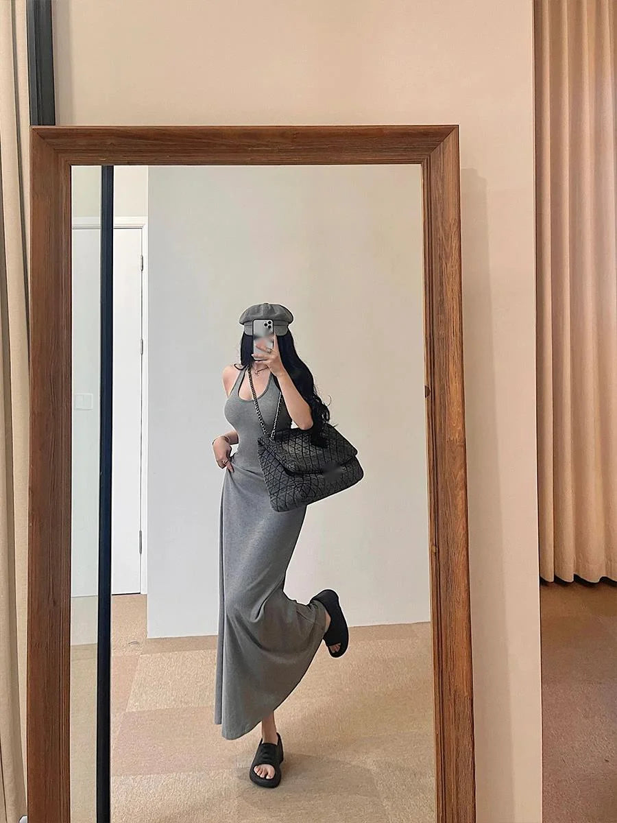 Sweet Women Maxi Dresses Sexy Backless Slim Hanging Neck Dress Long Dress Elegant V Neck Hot Sexy Korean Women Tops 2PLP