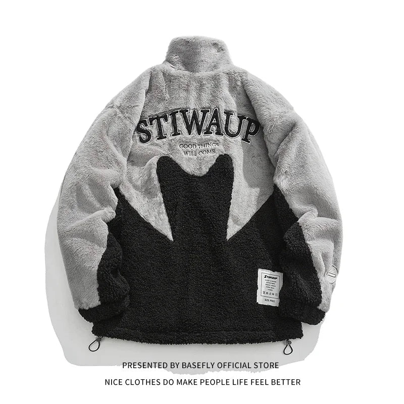 Winter Thick Warm Letter Embroid Maple Leaf Lambswool Sheep Fur Like Men Bomber Coat Unisex Women Jacket High Streetwear Couple