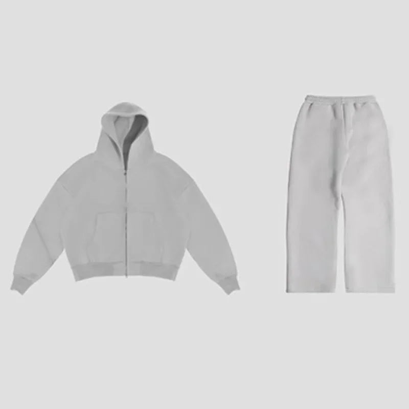 Korean Fashion Solid Color Sweatshirt Fleece Two-Piece Men's Y2K New Harajuku Casual Joker Straight Pants Couple Street Wear