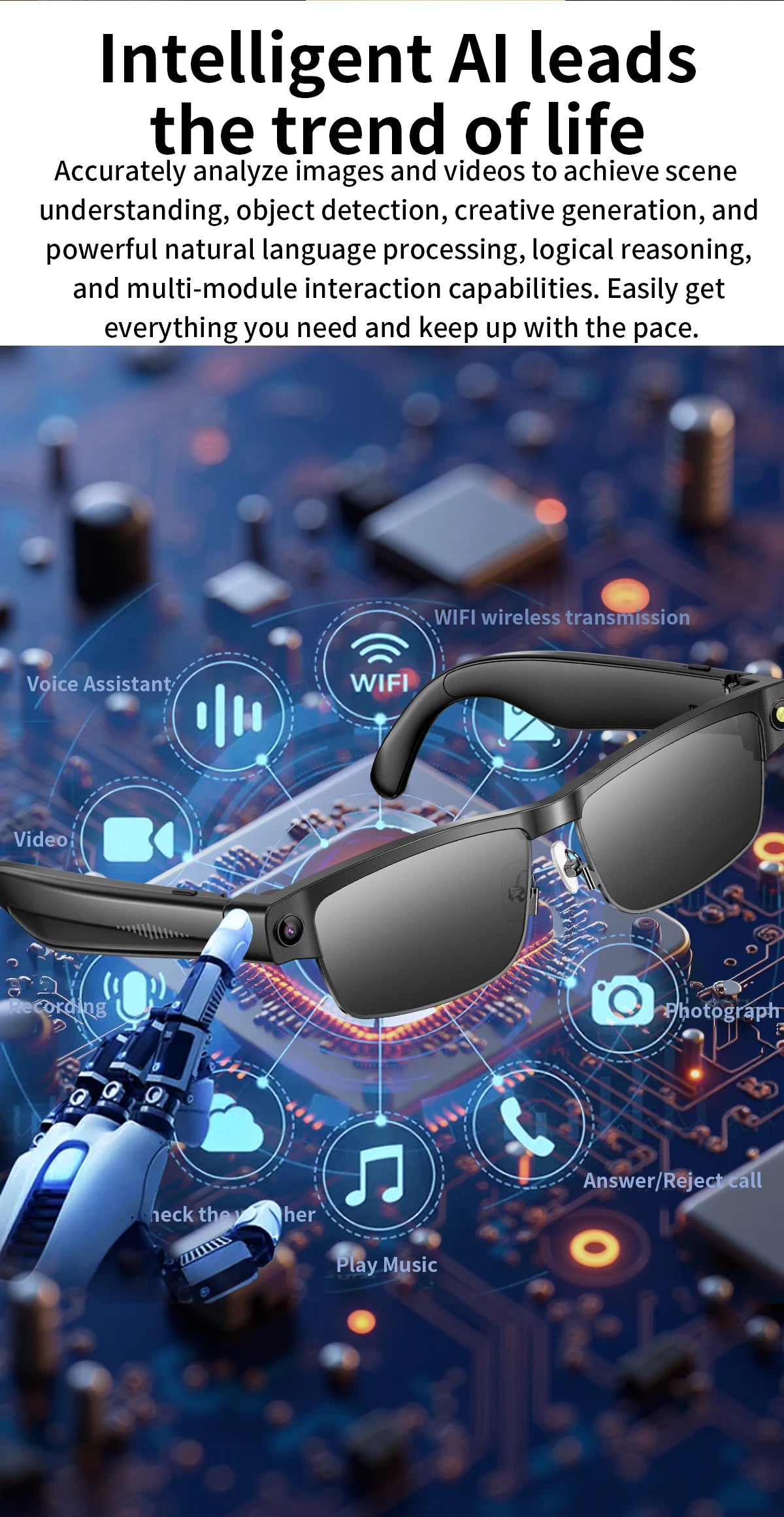 Smart AI Glasses With 8MP HD Camera Chat GPT Touch Sport Sunglasses Bluetooth Call Video Music Player Object Recognition