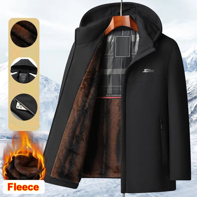 New Hooded Fleece Lining Men's Winter Jacket Coat Parka With Zipper Pockets Korean Winter Jackets for Men's Winter Coats Black