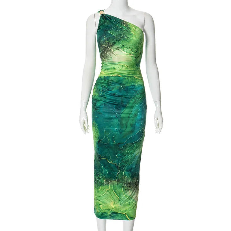 Green Print Long Dress Women Fashion One Shoulder Slim Evening Party Dresses Summer Sexy Backless Ruched Maxi Dress 2024