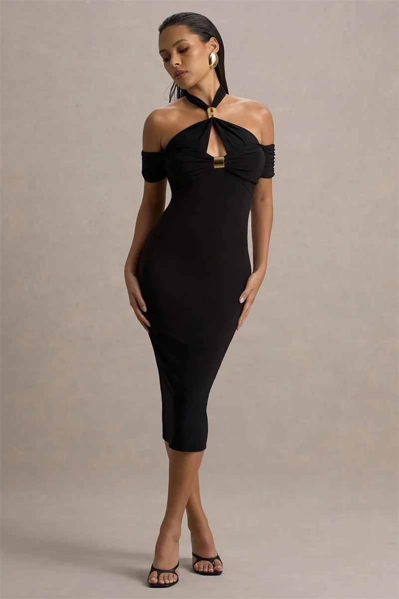 Mozision Hollow Out Halter Backless Sexy Midi Dress Women Fashion Off-shoulder Sleeveless Skinny Club Party Long Dress Elegant