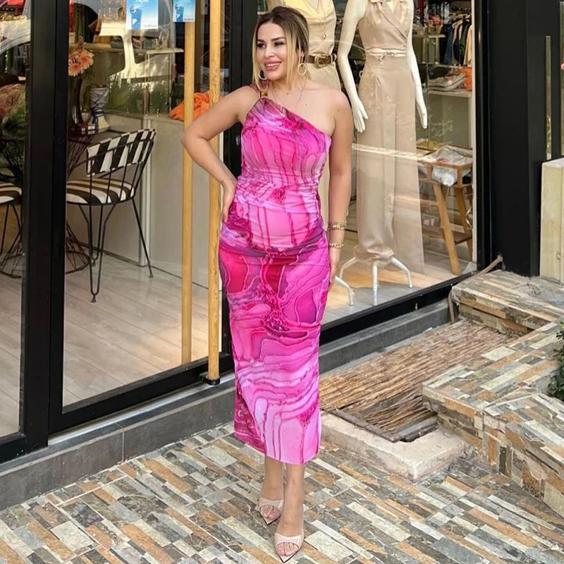 CUTENOVA Sexy Slash Collar Gradient Print Long Dress Summer Chic One-Shoulder Backless Party Dresses Sleeveless Hollow Slim Fit
