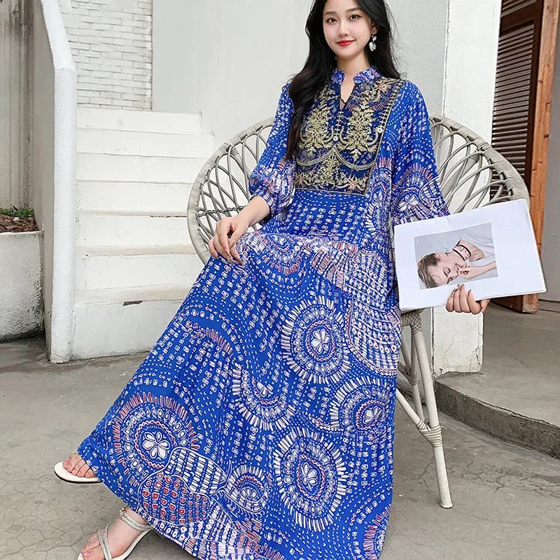 Summer Autumn Robe Maxi Long Dress Women Indian Clothes Boho Cotton Print Floral Boho Korean Style Fashion Casual Vestido Largos