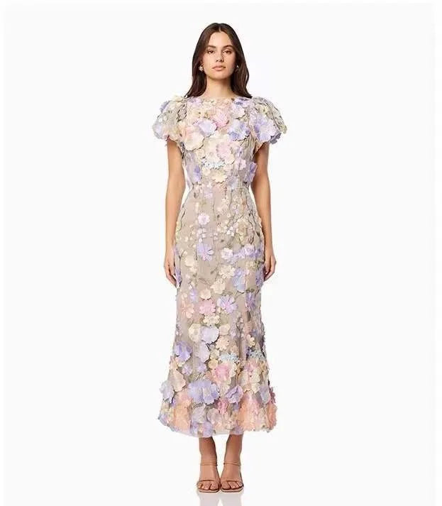Women Long Dress Commuter Round Neck Embroidered Three-dimensional Floral Puff Sleeves Elegant High Waist Wrap The Buttocks