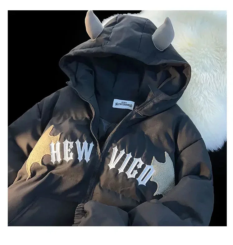 Winter New Cotton Jacket Devil Wing Embroidery Bread Jackets Men's Women's Vintage Harajuku Casual Loose Hooded Cotton-padded