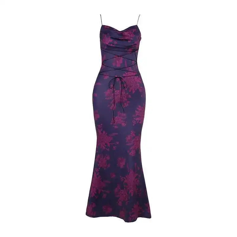 Avrilyaan Pile Collar Print Backless Sexy Dress Women 2024 Elegant Holiday Casual Dress Bodycon Summer Maxi Long Dress Vestido