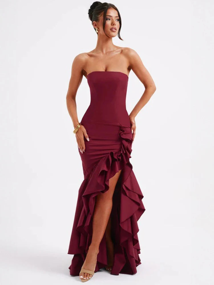 Mozision Strapless High Split Ruffle Long Dress For Women Fashion Off-shoulder Backless Sleeveless Bodycon Club Party Sexy Dress