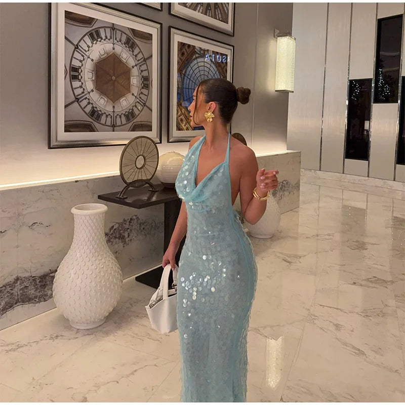 Elegant Sequin Halter Long Dress Women Sexy Bule Backless Sleeveless Slim Asymmetrical Beach Dresses Lady Chic Party Holiday