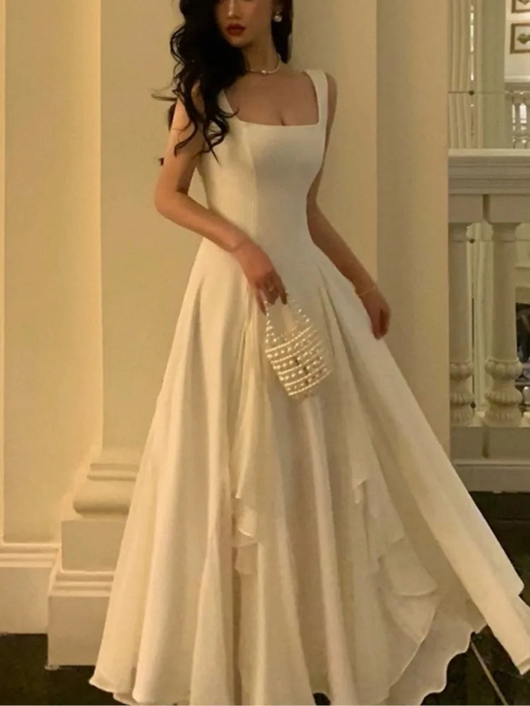 Summer Solid Elegant Camisole Long Dress Women Sweet Sleeveless A-Line Ruffles Fairy Dress Female Evening Party Vestidos Largos