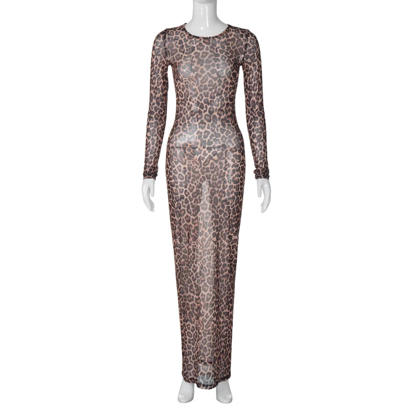 Hawthaw Women 2025 Summer Autumn Long Sleeve Leopard Mesh Party Club Streetwear Bodycon Long Dress Wholesale Items For Business